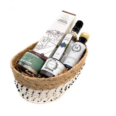 corporate gift basket with ouzo, olive oil and salt flakes