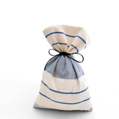 beige summer bag with blue stripes