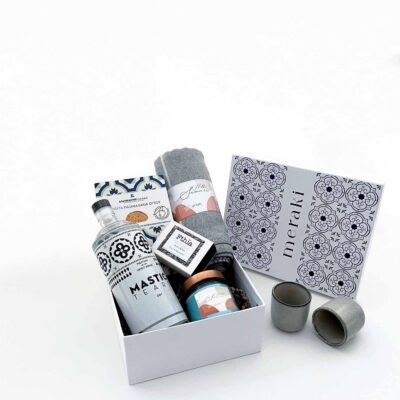 700ml mastic liqueur box, beach towel, ceramic cups, scented candle, ouzo nut