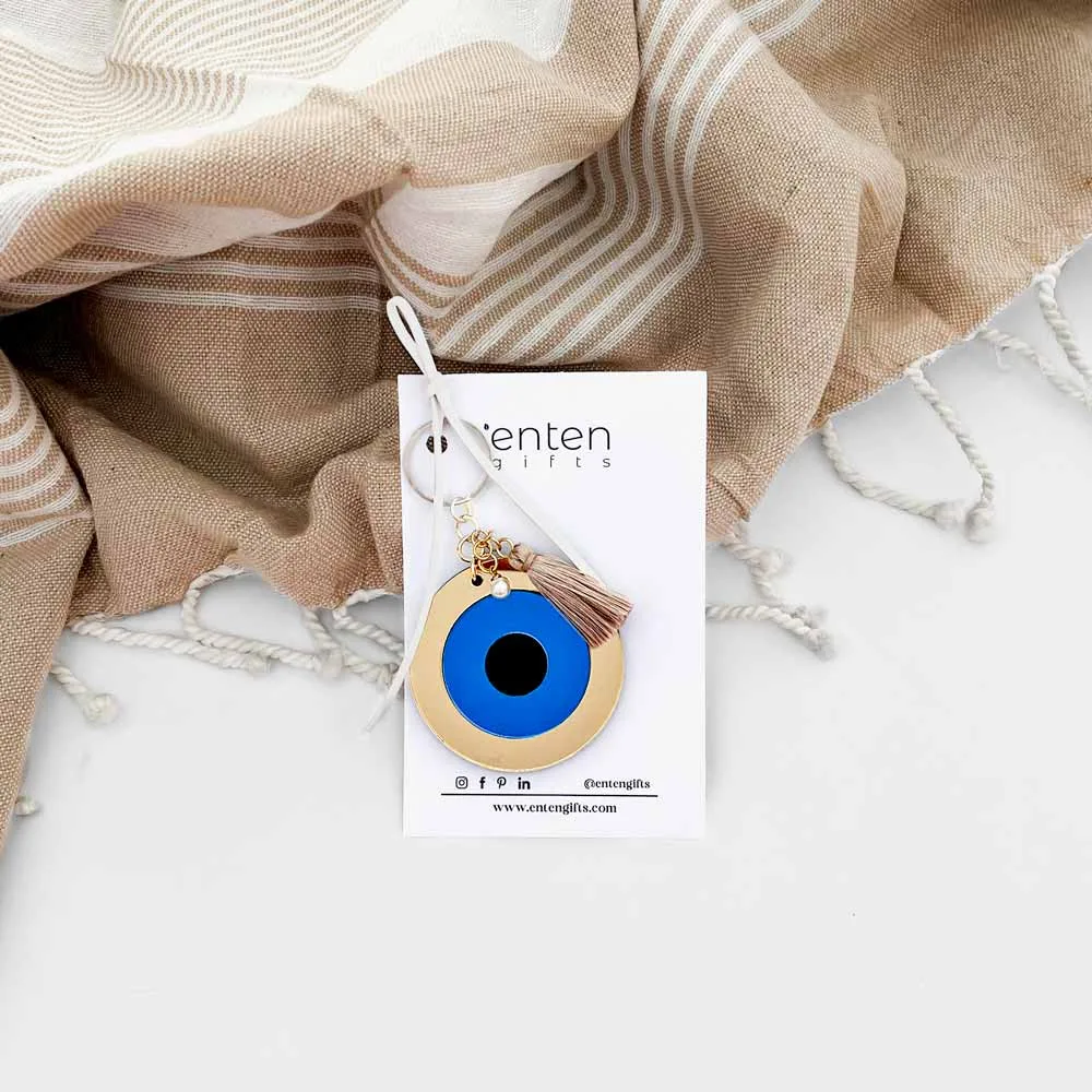 μπρελόκ μάτι καθρέφτης με φούντα μπλε χρυσό