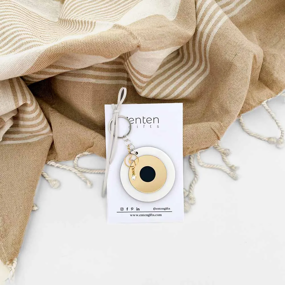 μπρελόκ μάτι καθρέφτης άσπρο χρυσό με μεταλλικό διακοσμητικό