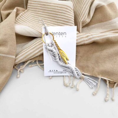 Macrame key ring white with metal olive tree pendant