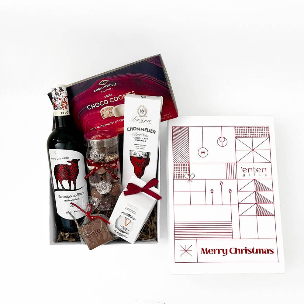10 Χριστουγεννιάτικα Εταιρικά Δώρα Εταιρικό δώρο με κρασί, τρουφάκια, σοκολάτα, κουραμπιέδες, λογοτυπημένη σοκολάτα, μέλι και τρουφάκια