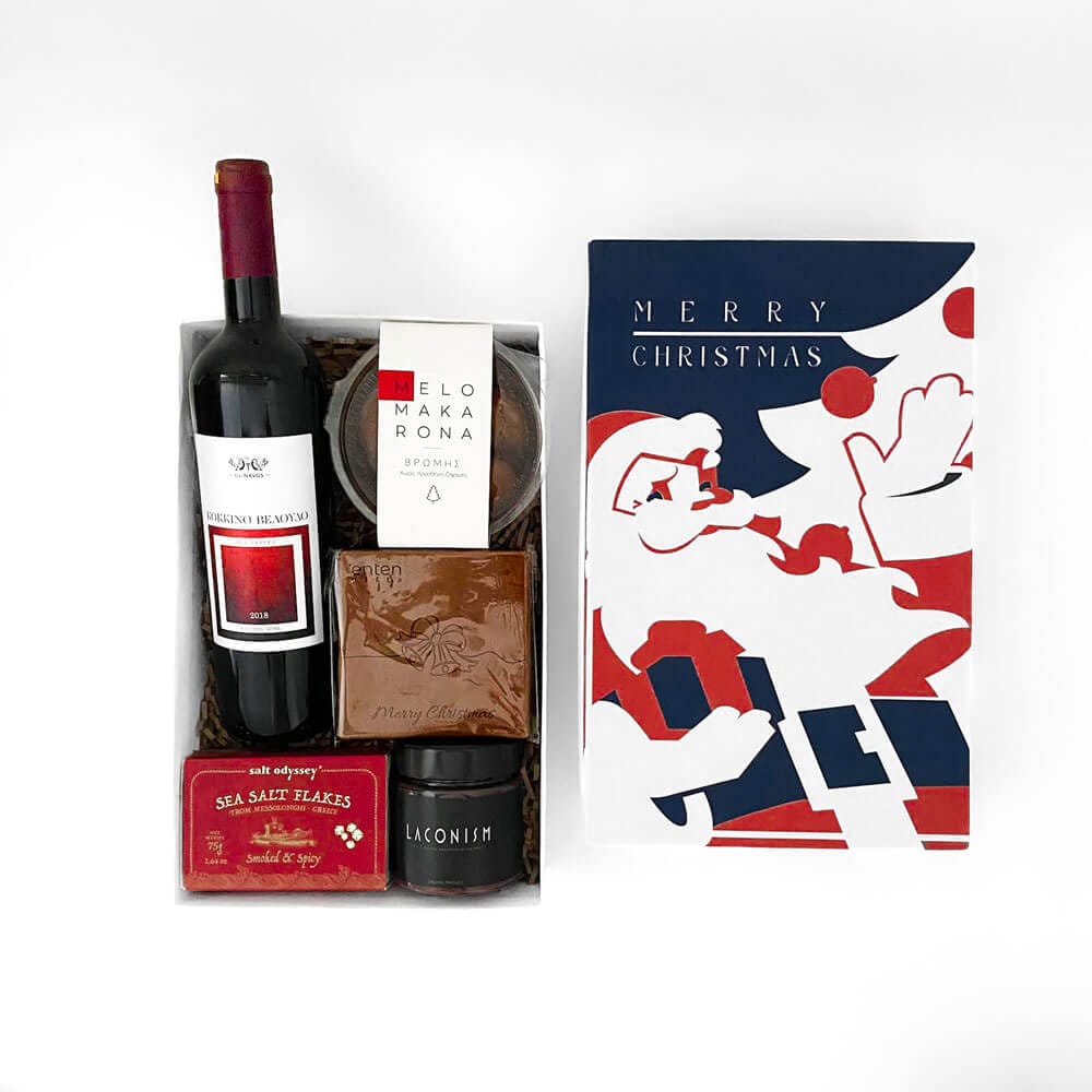 5 Χριστουγεννιάτικα Εταιρικά Δώρα Εταιρικό δώρο με κρασί, χάρτινο κουτί, κρασί, σοκολάτα, πάστα ελιάς, νιφάδες αλατιού και μελομακάρονα