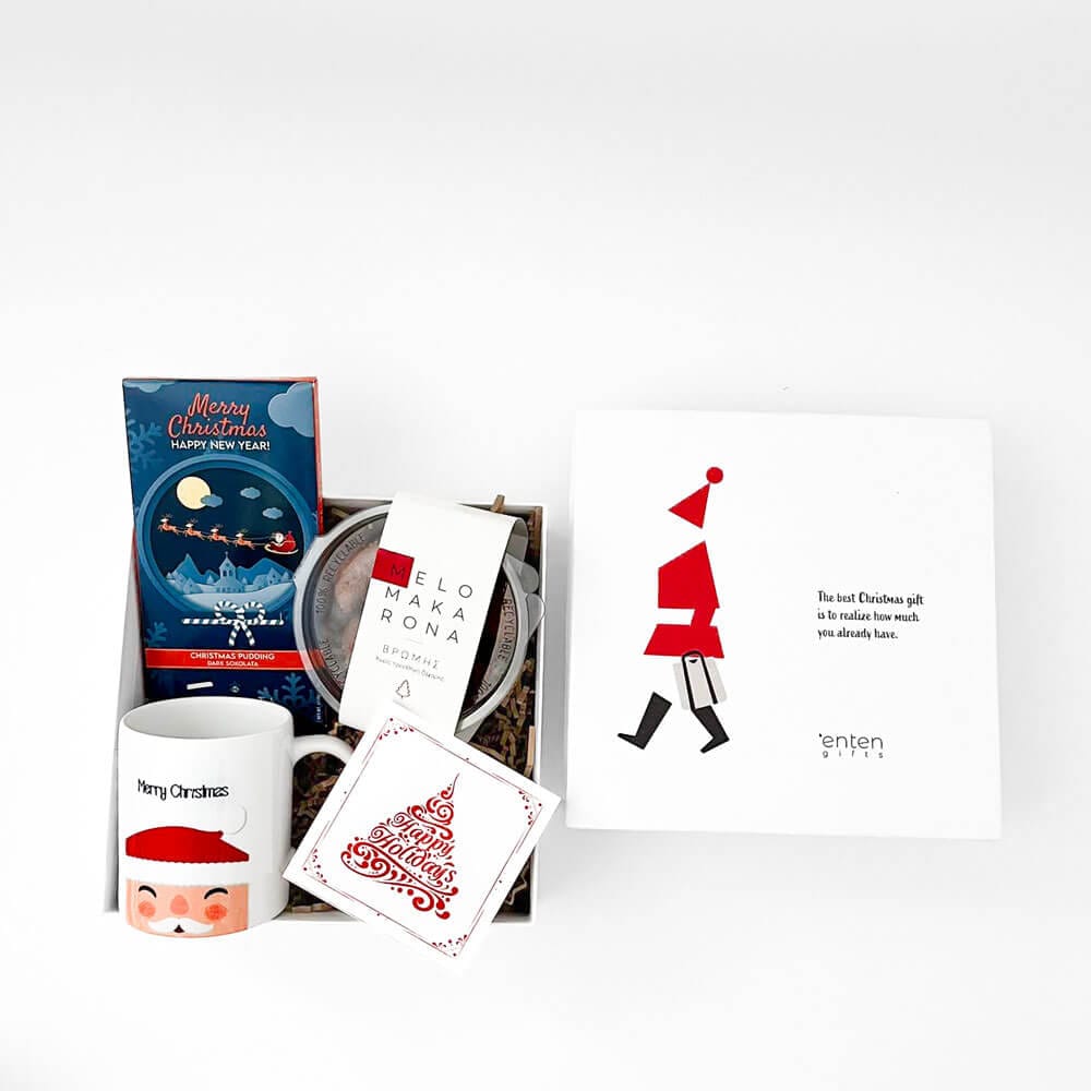 7 Χριστουγεννιάτικα Εταιρικά Δώρα Εταιρικό δώρο με χάρτινο κουτί, σουβέρα, μελομακάρονα και κούπα