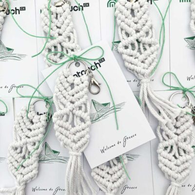 White macrame keyring with card print