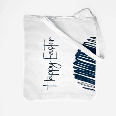 a white bag with blue text