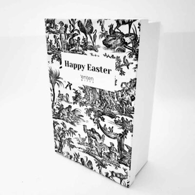 a white bag with a black and white design