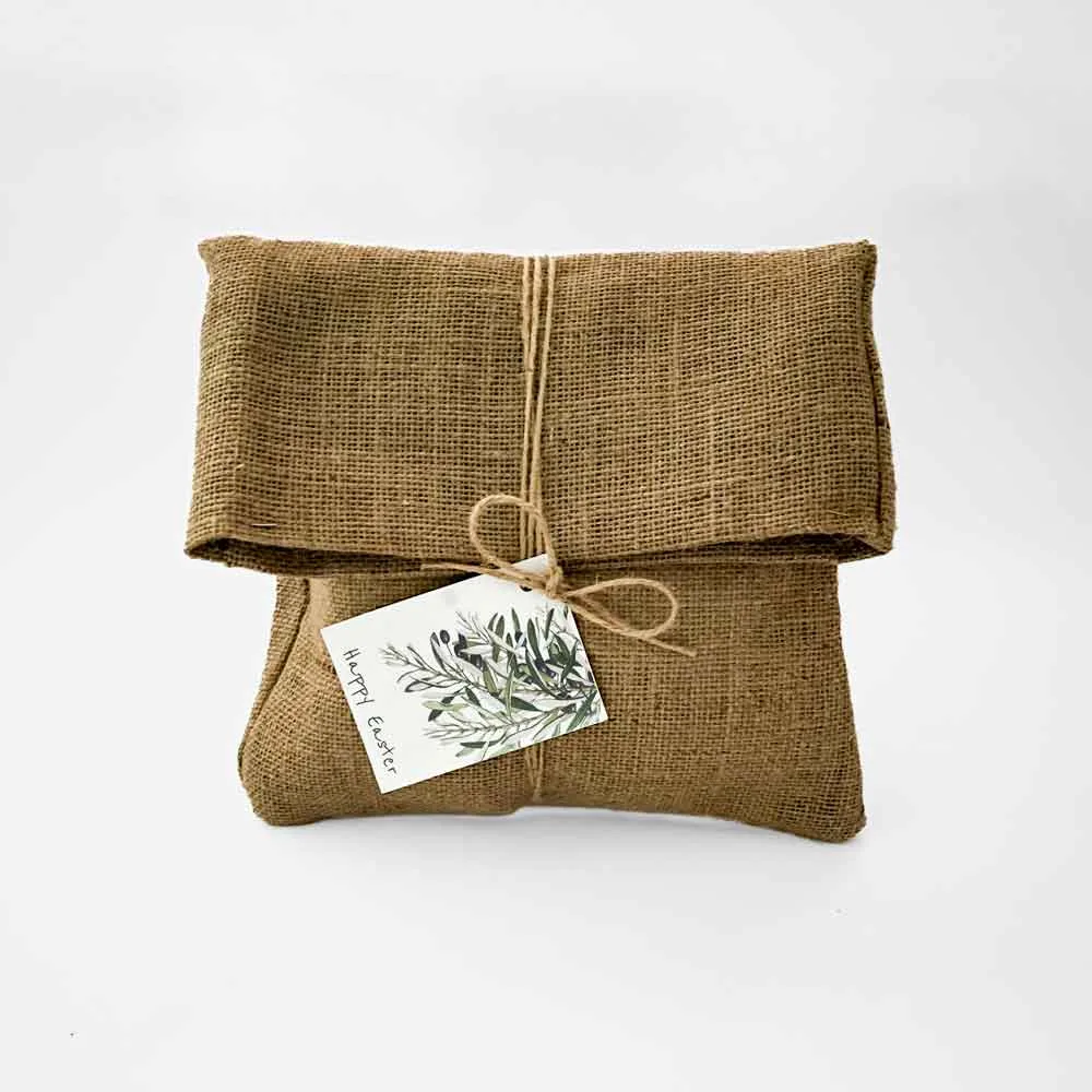 a burlap bag with a tag