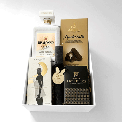 εταιρικο δώρο πάσχα με disaronno, μαρκολάτο, λαμπάδα με χαραγμένο Plexiglas, μέλι και σοκολάτα