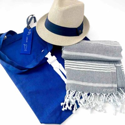 Bag with hat, towel and bookmark