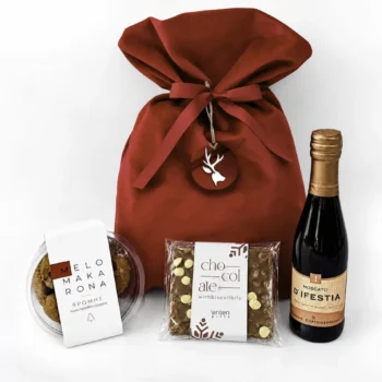 Velvet pouch with Sambanita, melomakarona, chocolate bar and pendant