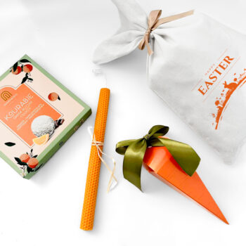 Κουραμπιέδες 200gr με πορτοκάλι και μαύρη σοκολάτα, Λαμπάδα κερύθρα Σοκολατένια αυγουλάκια σε καροτάκι 120gr, Custom πουγκί